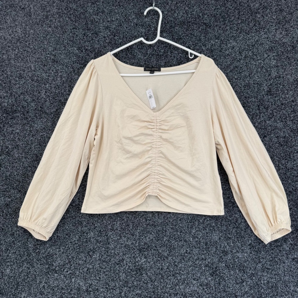 Banana Republic Ruched V-Neck Puff Sleeve Top Cream Beige 812562-02-1 L